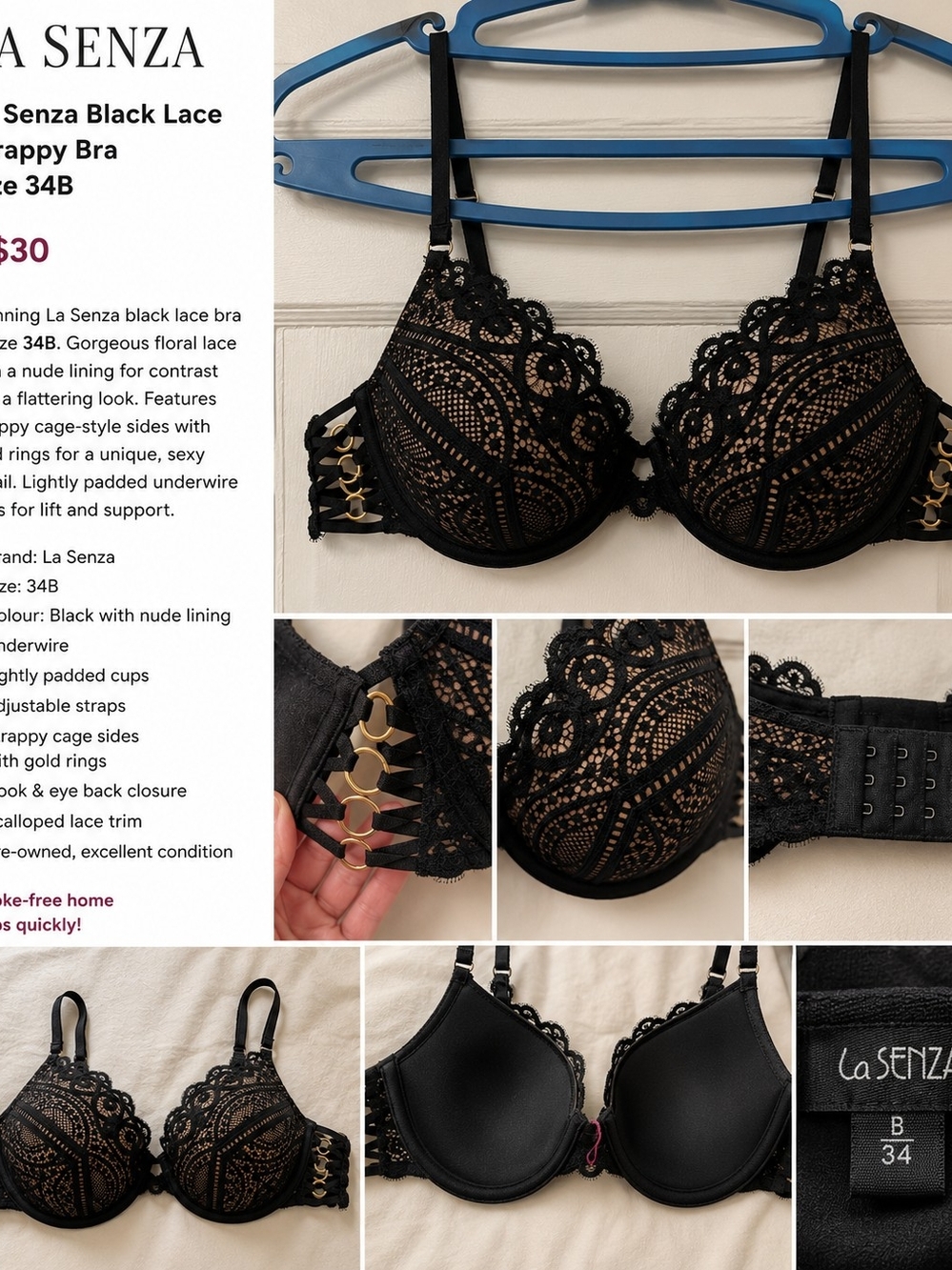 La Senza Black Lace Plunge Bra - 34B